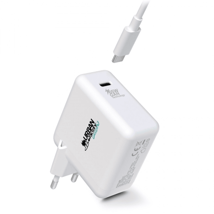 Urban Factory Cyclee Cargador de Pared USB-C GaN de 65W - Diseño Ecologico - Cable USB-C/USB-C de 2m - Color Blanco 1