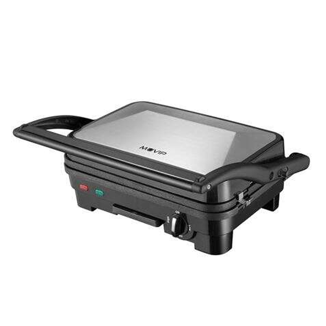 Muvip Sandwichera Inox 1800W - Placas Antiadherentes Reversibles Grill, Lisa - Selector de Temperatura - Placa Superior Basculante - Asas Tacto Frio 1