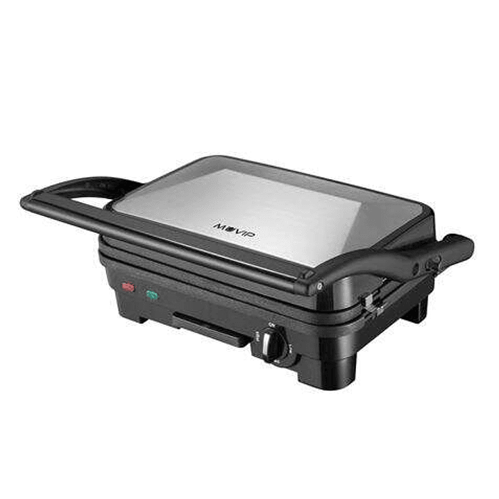 Muvip Sandwichera Inox 1800W - Placas Antiadherentes Reversibles Grill, Lisa - Selector de Temperatura - Placa Superior Basculante - Asas Tacto Frio 1
