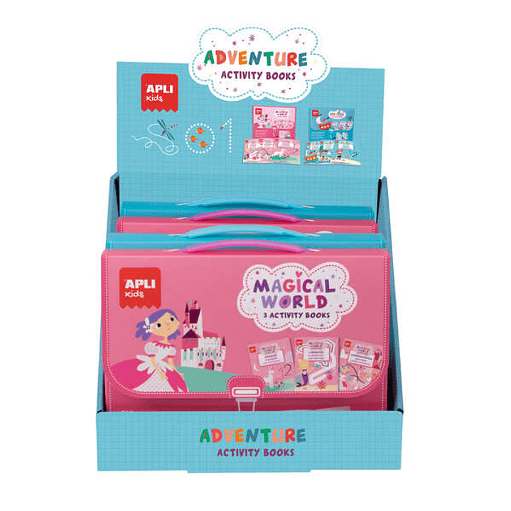 Apli Expositor Activity Books de 6 Unidades - 2 Tematicas: el Mundo Magico y Piratas - 3 Libros con Hojas Plastificadas y Actividades Variadas - Rotul 1