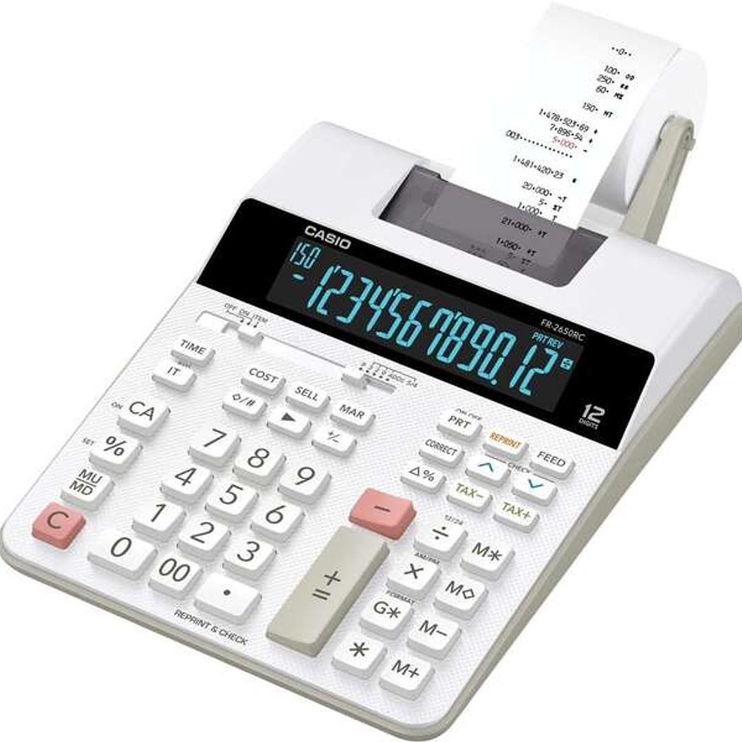 Casio FR-2650RC Calculadora Impresora de Sobremesa - Impresión en 2 colores - Pantalla de 12 Digitos - Función de reloj y calendario - Color Blanco 1
