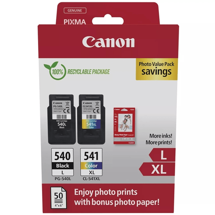 Canon PG540L Negro + CL541XL Color Pack de 2 Cartuchos de Tinta Originales - 50 Hojas de Papel Fotografico - 5224B012/5224B007/5224B005/5222B013/5222B 1