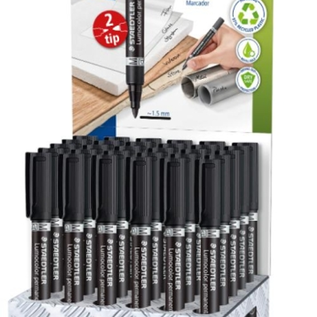Staedtler Lumocolor 348 Expositor con 30 Rotuladores Permanentes de Doble Punta - Secado Rapido - Color Negro 1