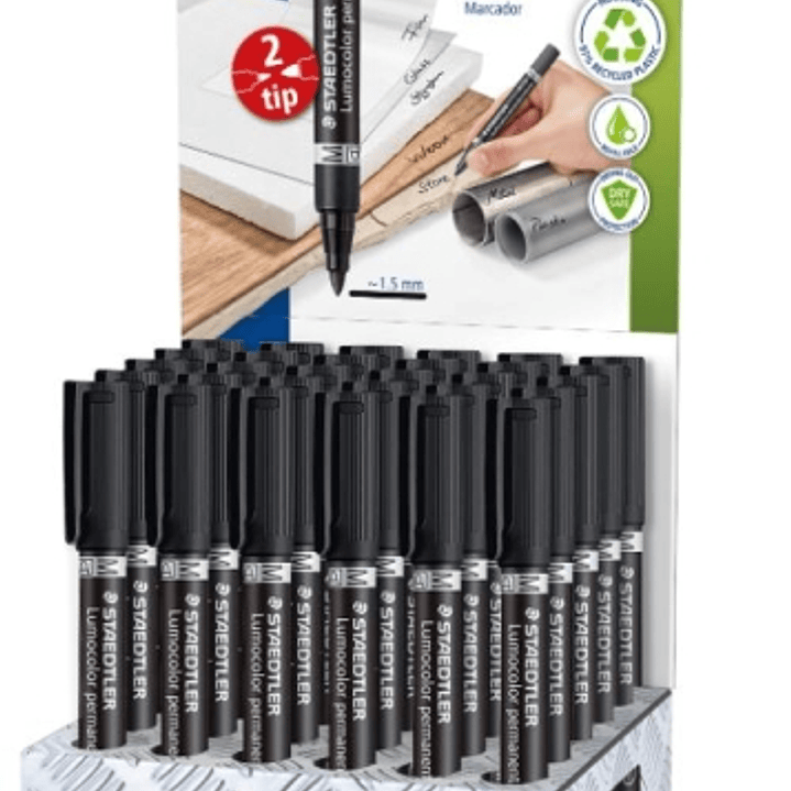 Staedtler Lumocolor 348 Expositor con 30 Rotuladores Permanentes de Doble Punta - Secado Rapido - Color Negro 1