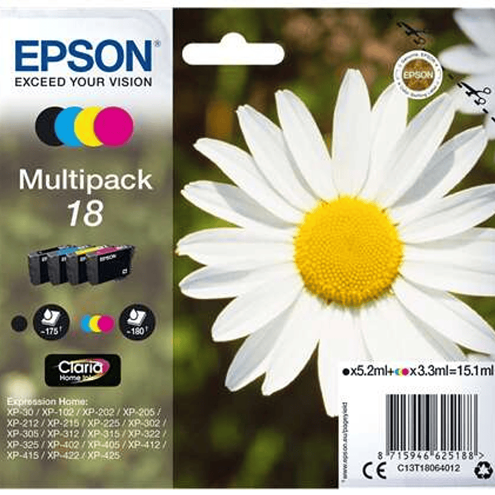 Epson T1806 (18) Pack de 4 Cartuchos de Tinta Originales - C13T18064012 1