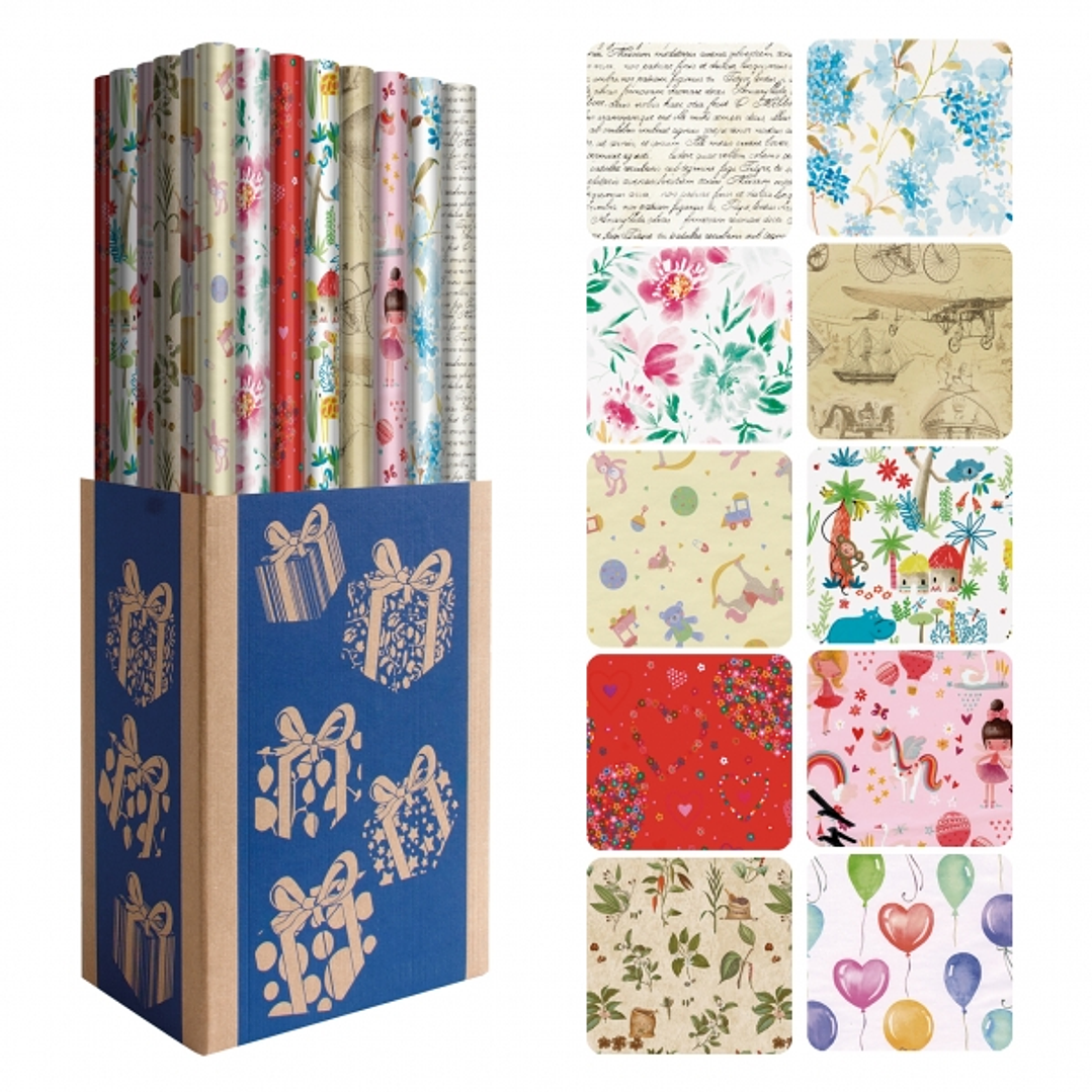 Dohe Everyday Expositor de 50 Rollos de Papel Regalo - 10 Diseños Diferentes - 5 Rollos por Diseño - Medidas del Rollo 0.70x2m 1