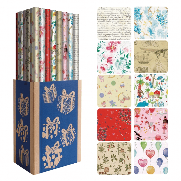 Dohe Everyday Expositor de 50 Rollos de Papel Regalo - 10 Diseños Diferentes - 5 Rollos por Diseño - Medidas del Rollo 0.70x2m 1