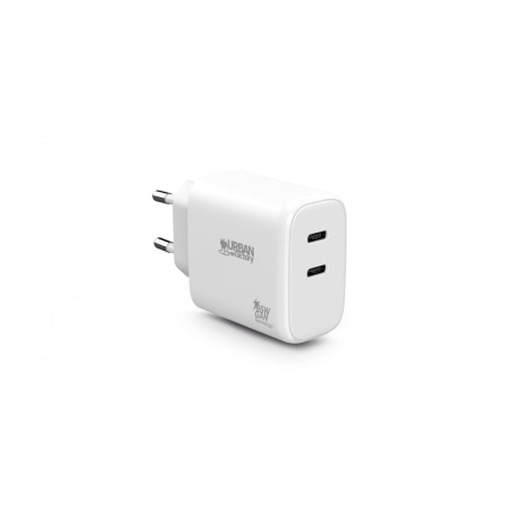 Urban Factory Potencia Cargador USB-C GaN de 65W - 1 Puerto USB-C de 45W + 1 Puerto USB-C de 20W - Color Blanco 1