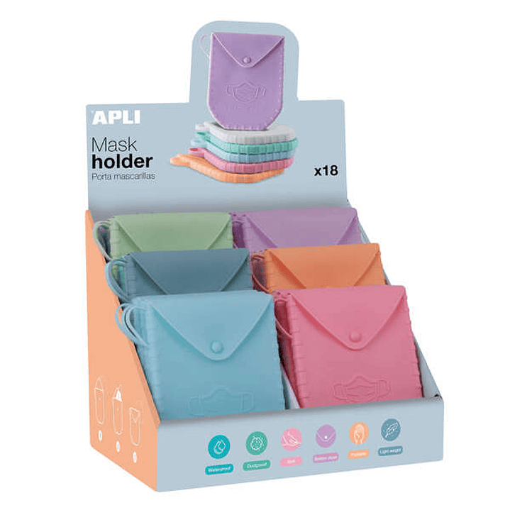 Apli Expositor de Porta Mascarillas de Silicona - 140x110x1.5 mm - Textura Suave - 18 Fundas de Diferentes Colores - Cierre de Boton - Asa para Colgar 1