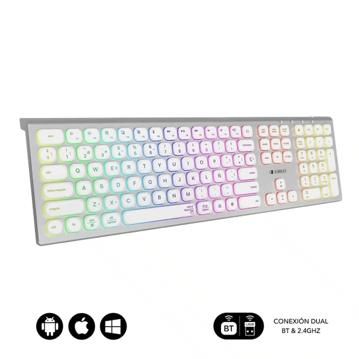 Subblim Teclado Inalambrico Master - Bluetooth y 2.4G - Iluminado - Teclas Ergonomicas de Bajo Perfil - Color Blanco Plata 1