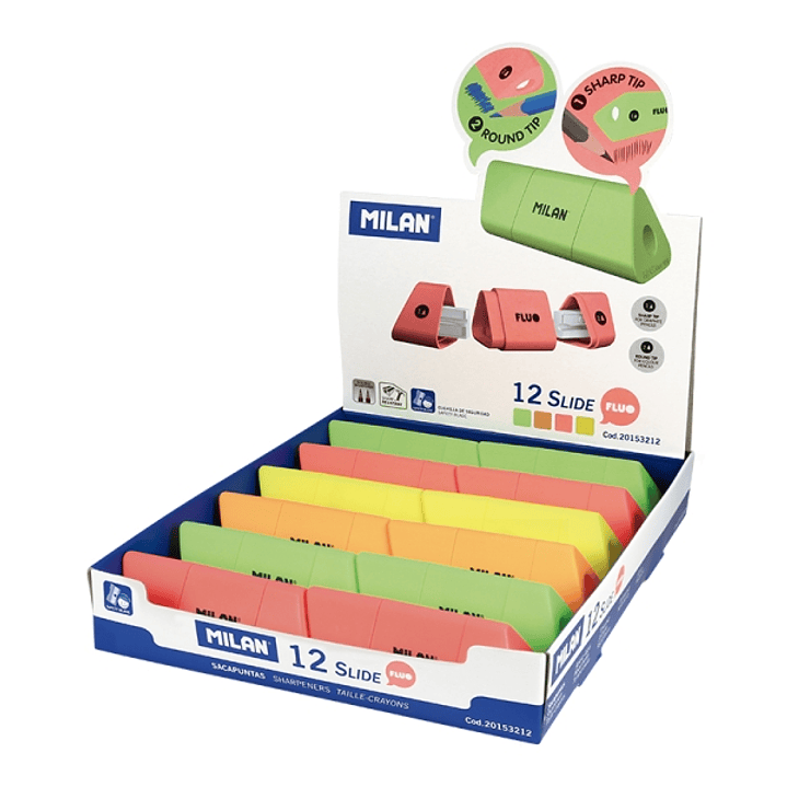 Milan Slide Fluo Expositor con 12 Sacapuntas - Colores Surtidos 1