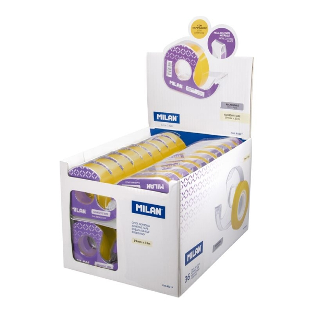Milan Expositor de 36 Cintas Adhesivas Transparentes con Dispensador - Medidas 19mm x 33m - Color Amarillo Transparente 1