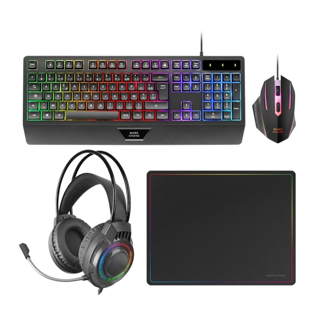 Mars Gaming MCP124PRO Combo Pack Gaming 4en1 - Teclado Hibrido H-Mech - Disposicion QWERTY ES - Raton 3200dpi - Alfombrilla Nanotextil - Color Negro 1