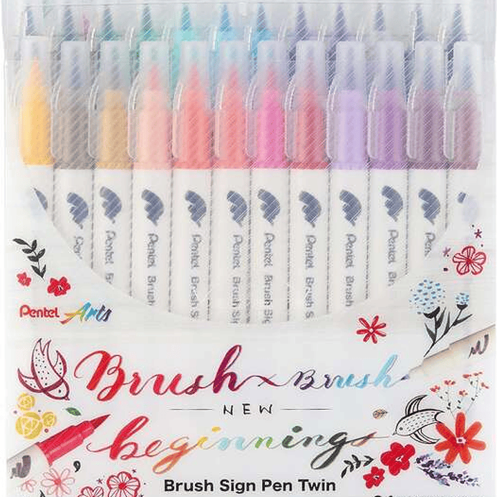 Pentel Brush Sing Pen Twin Pack de 24 Rotuladores con Doble Punta de Pincel Flexible - Punta Ancha 1-4mm, Punta Fina 0,2-2mm - Colores Surtidos 1