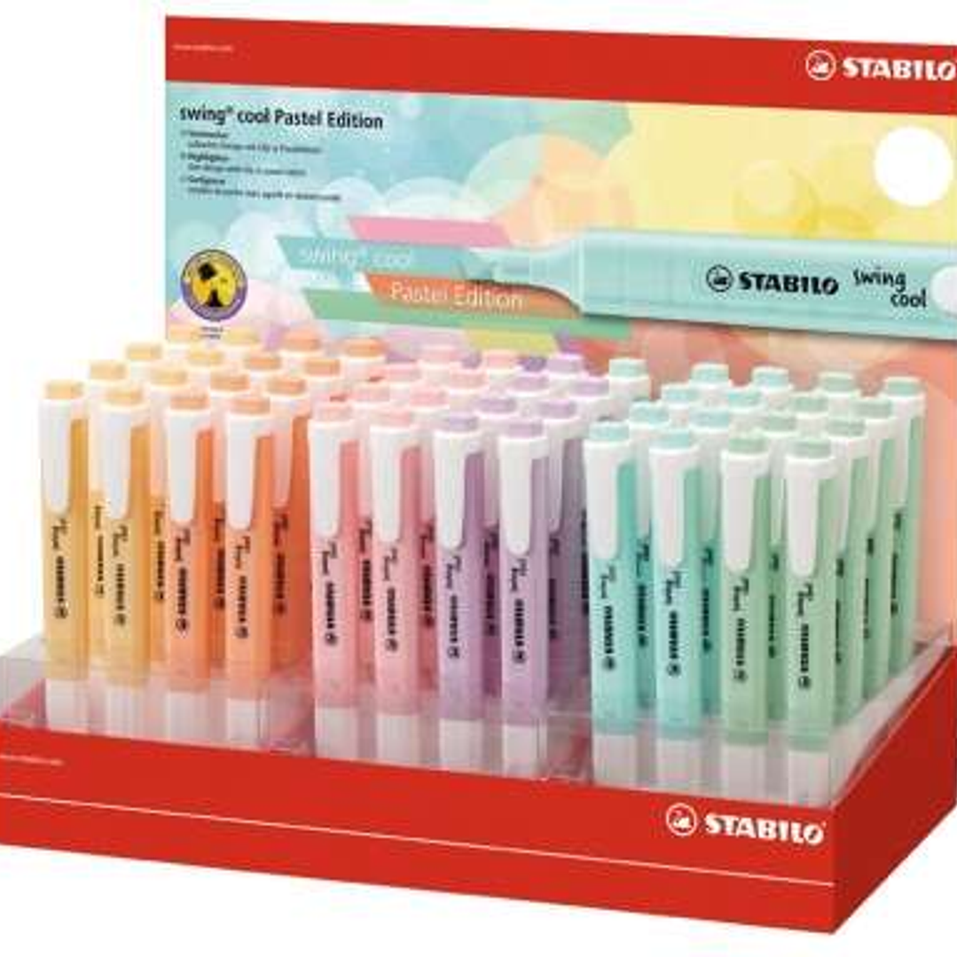 Stabilo Swing Cool Pastel Expositor de 48 Marcadores Fluorescentes - Cuerpo Plano - Punta Biselada - Trazo entre 1 y 4mm - Tinta con Base de Agua - Co 1