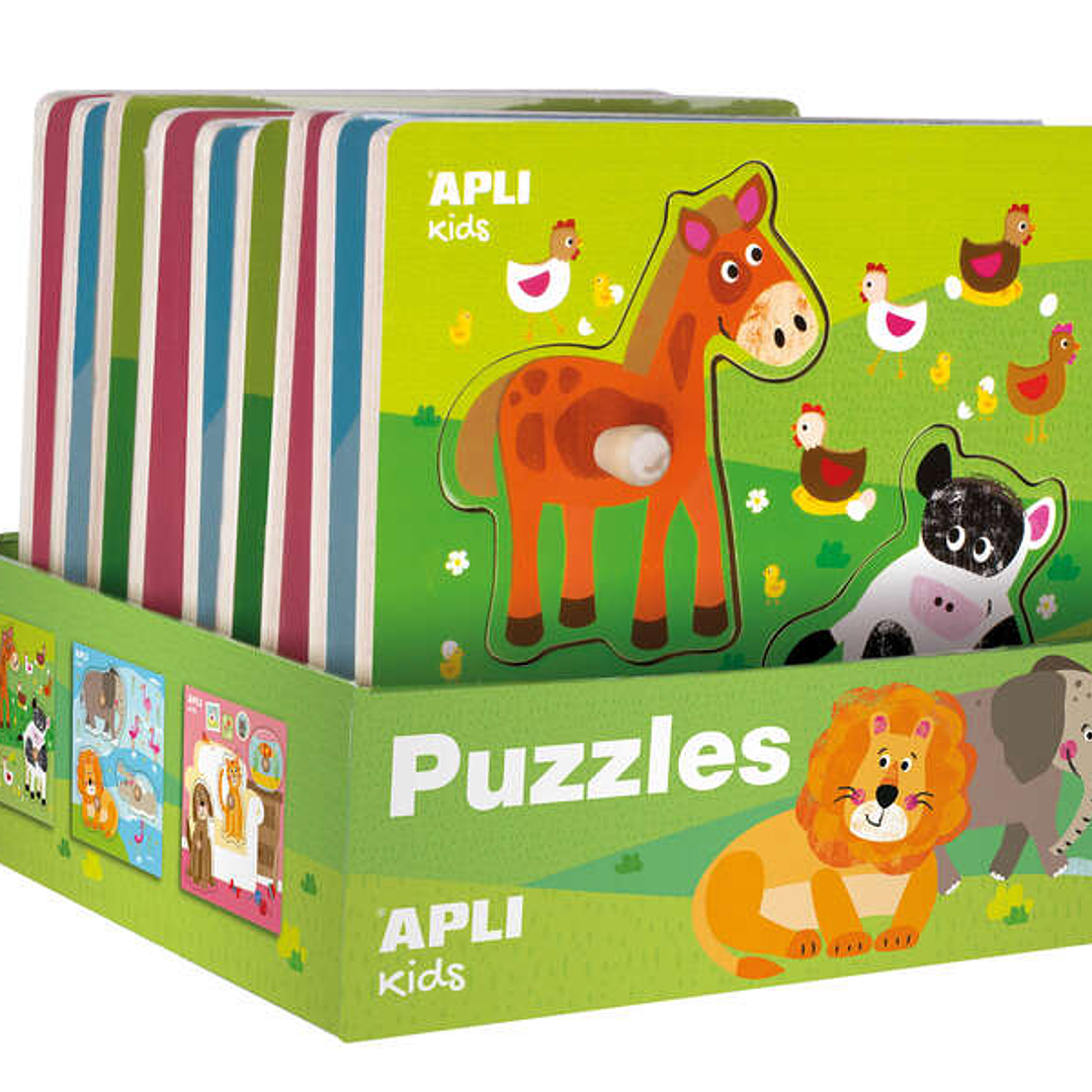 Apli Expositor de Puzles de Madera Encajables Tematica Infantil Animales - 20x20 cm - 9 Puzles con Guia Impresa - Alto Valor Didactico - Exclusiva Ilu 1