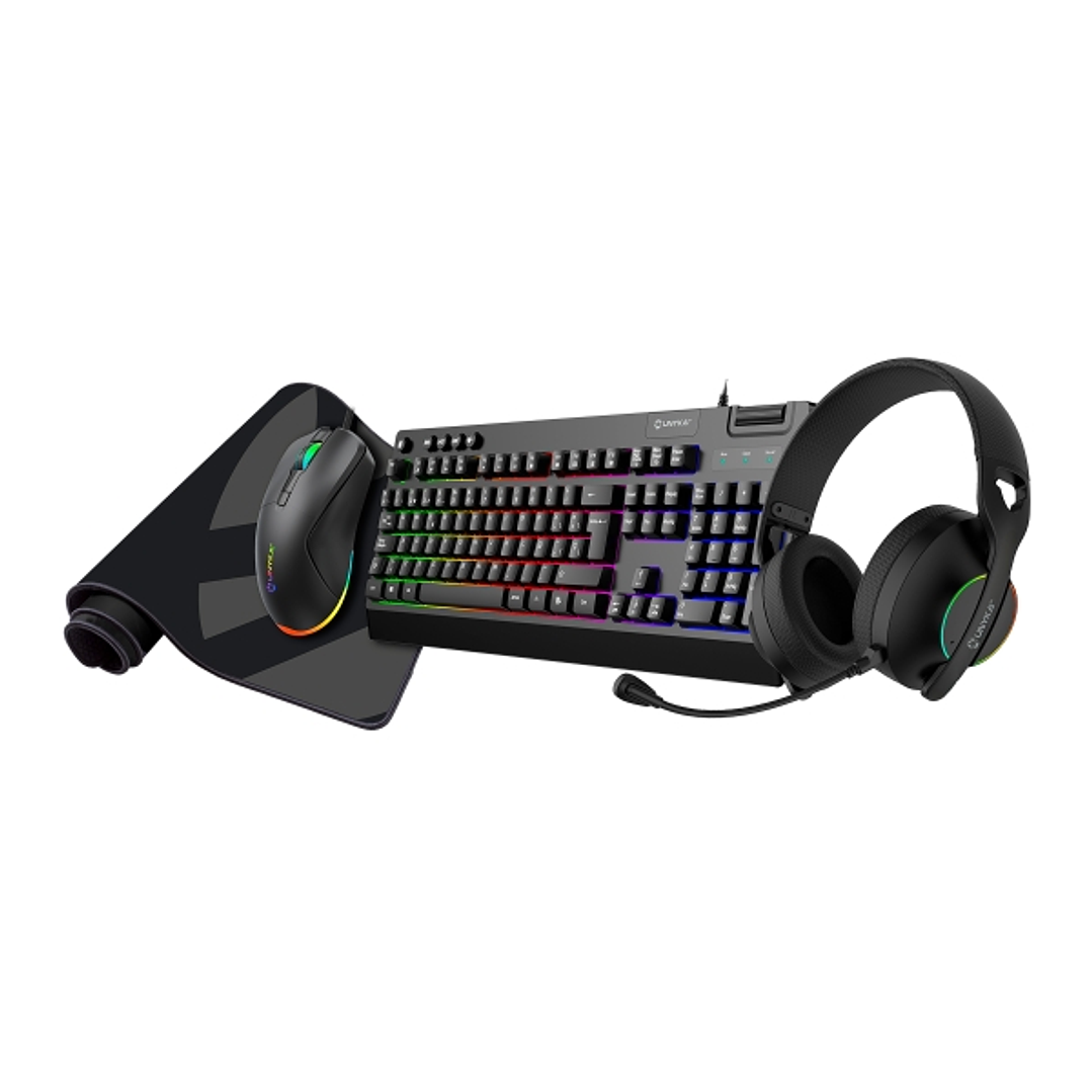 Unykach Pack Gaming NOVA 4in1 USB Teclado Multimedia + Raton 7200dpi + Auriculares con Microfono + Alfombrilla XL - Teclado Español - Color Negro 1
