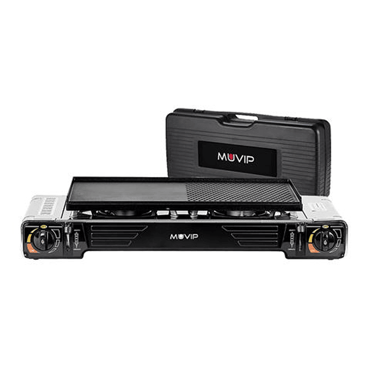 Muvip Cocina de Gas Portatil 2 Fuegos - Doble Bombona - Encendido Automatico - Quemador de Aluminio - Valvula de Doble Sellado - Proteccion Contra Sob 1