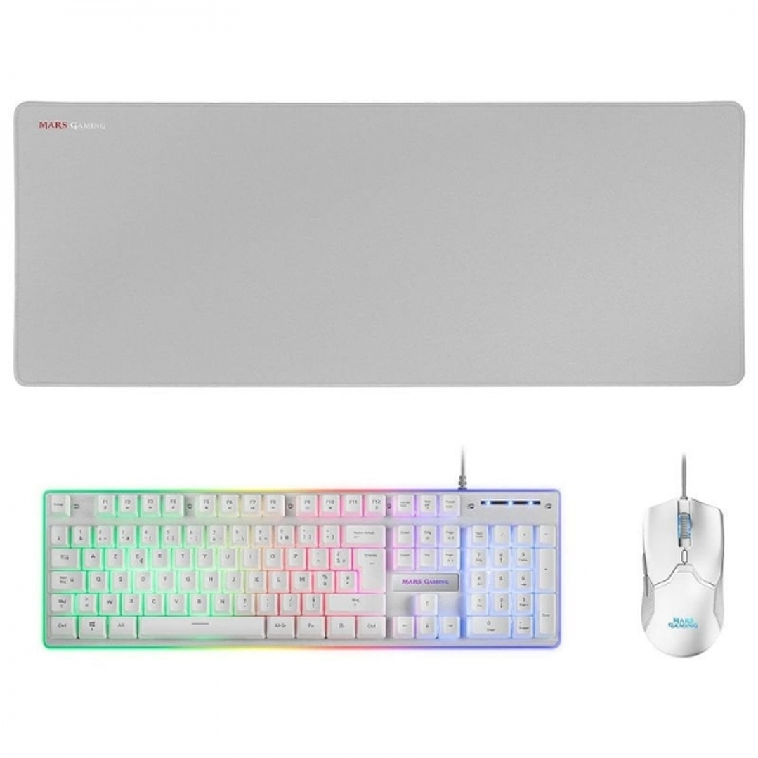 Mars Gaming MCPX Combo Gaming Premium - Teclado H-MECH - Raton 10K DPI - Alfombrilla XXL - Iluminacion FRGB - Multiplataforma - Color Blanco 1