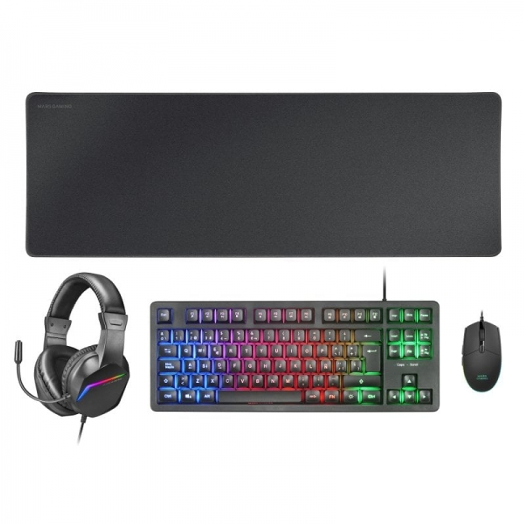 Mars Gaming MCP-RGB3 Combo Gaming 4en1 - Teclado TKL H-Mech LED FRGB - Raton Ultraligero RGB 3200 DPI - Auriculares Sonido Inmersivo - Alfombrilla XXL 1