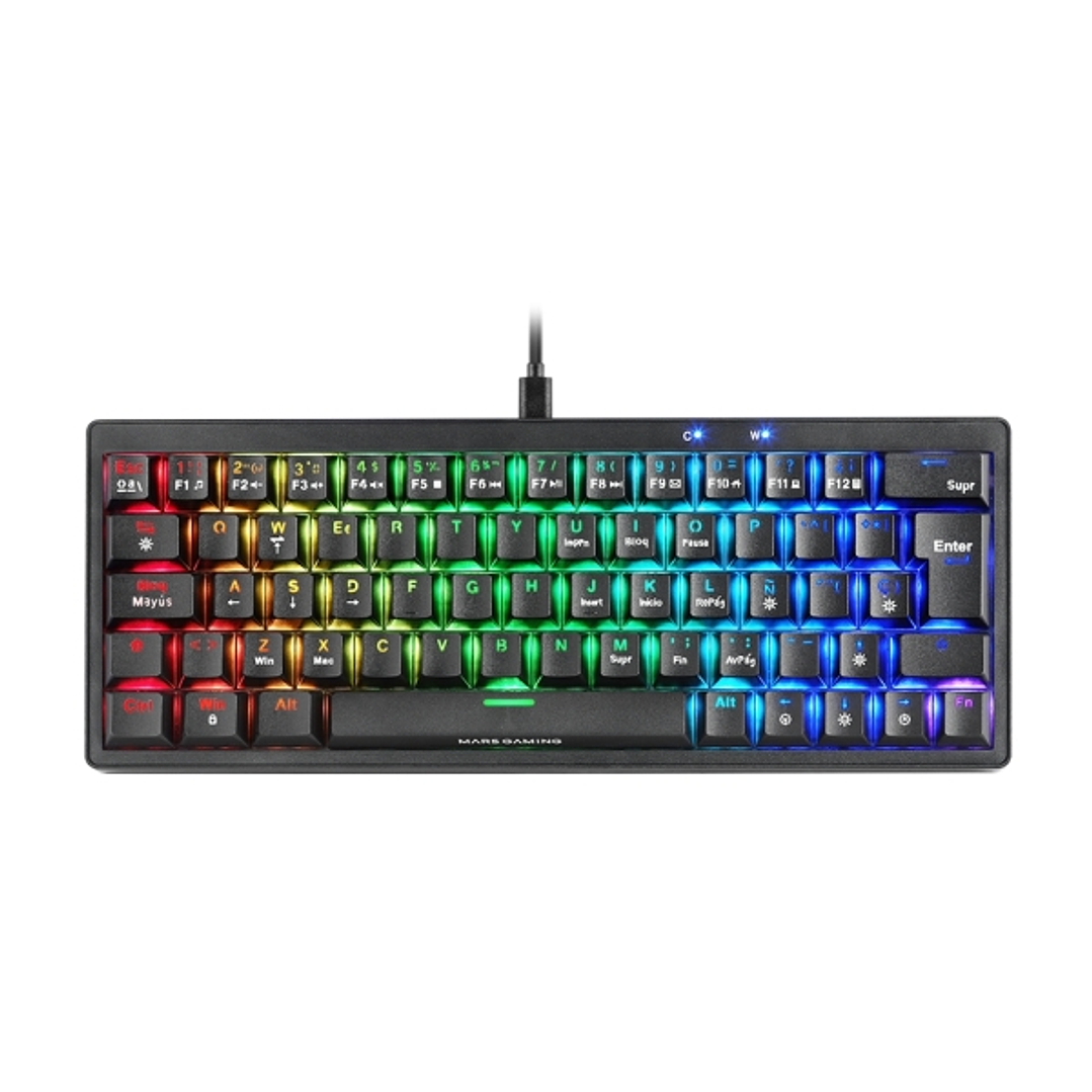 Mars Gaming MKMINIPRO Teclado Compacto Hibrido H-Mech - Switch SKN Marron - Disposicion Francesa AZERTY FR - Iluminacion RGB Chroma - 300x114x42mm - C 1