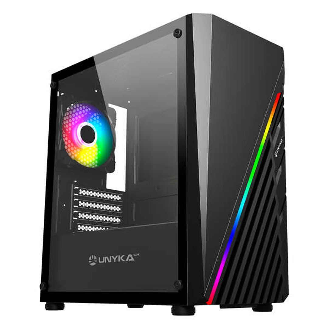 Unykach Mini Glayze Caja Micro-ATX - Iluminacion ARGB - Lateral Cristal Templado - USB-A 2.0/3.0 y Audio - 1 Ventilador 120mm RGB Instalado - Color Ne 1