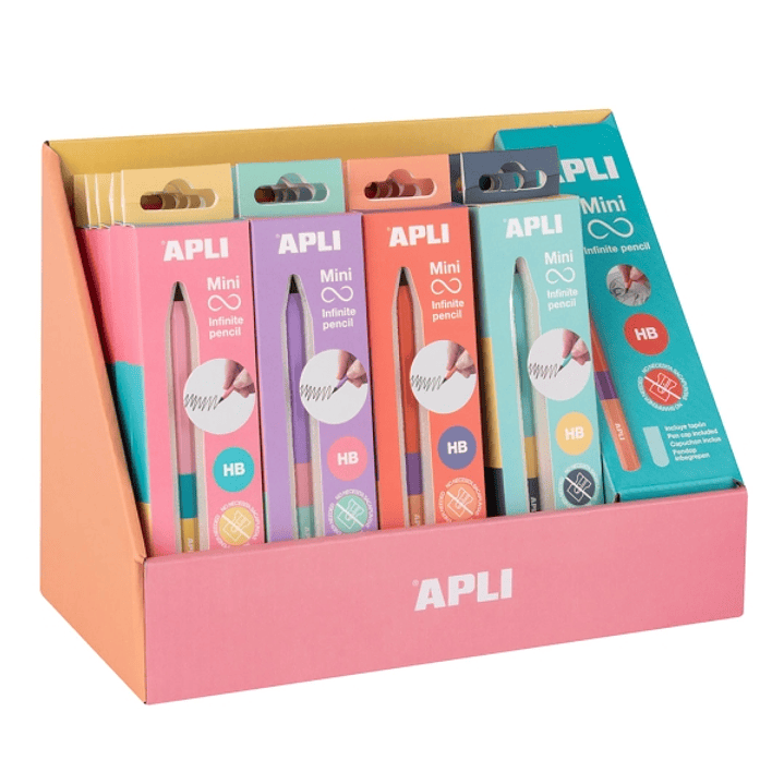 Apli Mini Infinite Pencil Expositor con 20 Packs de Mini Lapices Infinitos HB + Mina de Recambio + Tapon Protector - Para Escribir hasta 16km - Colore 1