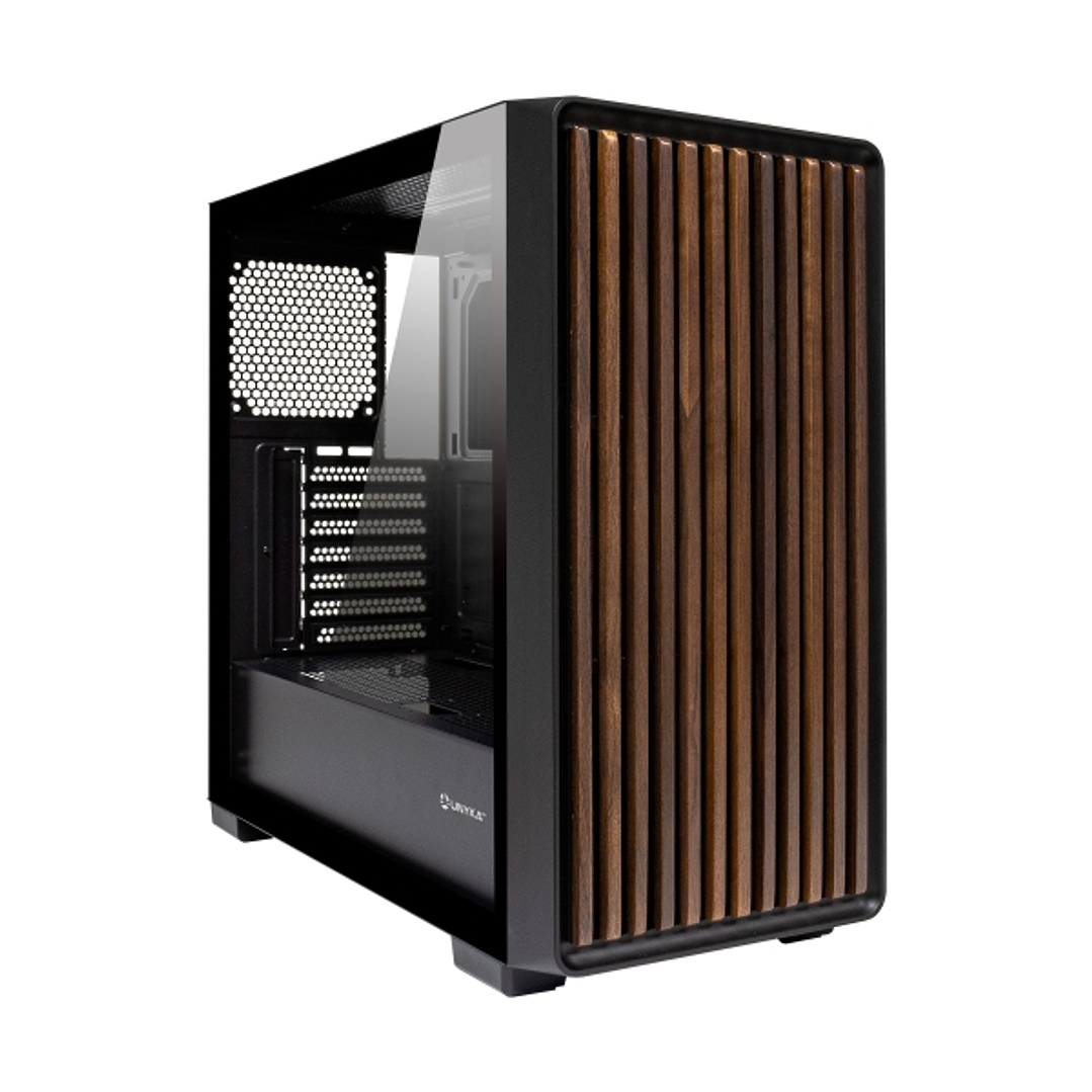 Unykach Revelat Madeira Black Caja ATX, Micro ATX, ITX - Lateral de Vidrio Templado y Frontal con Listones de Madera Natural - 3.5