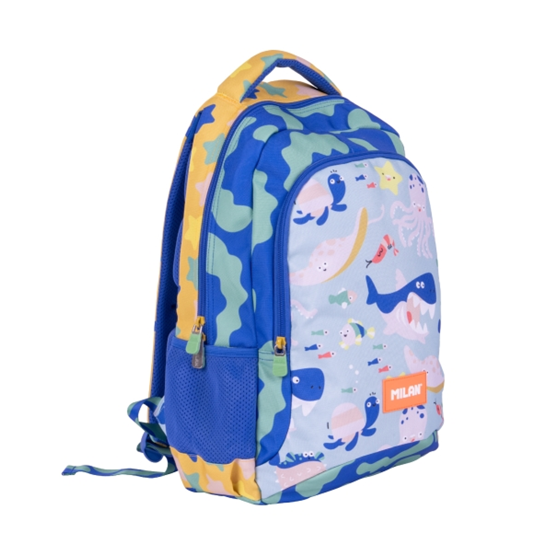 Milan Blue Odyssey Mochila Escolar 21L - Bolsillos Laterales de Malla - Compartimento Interior para Portatil - 2 Cremalleras - 45x30x12cm - Multicolor 1