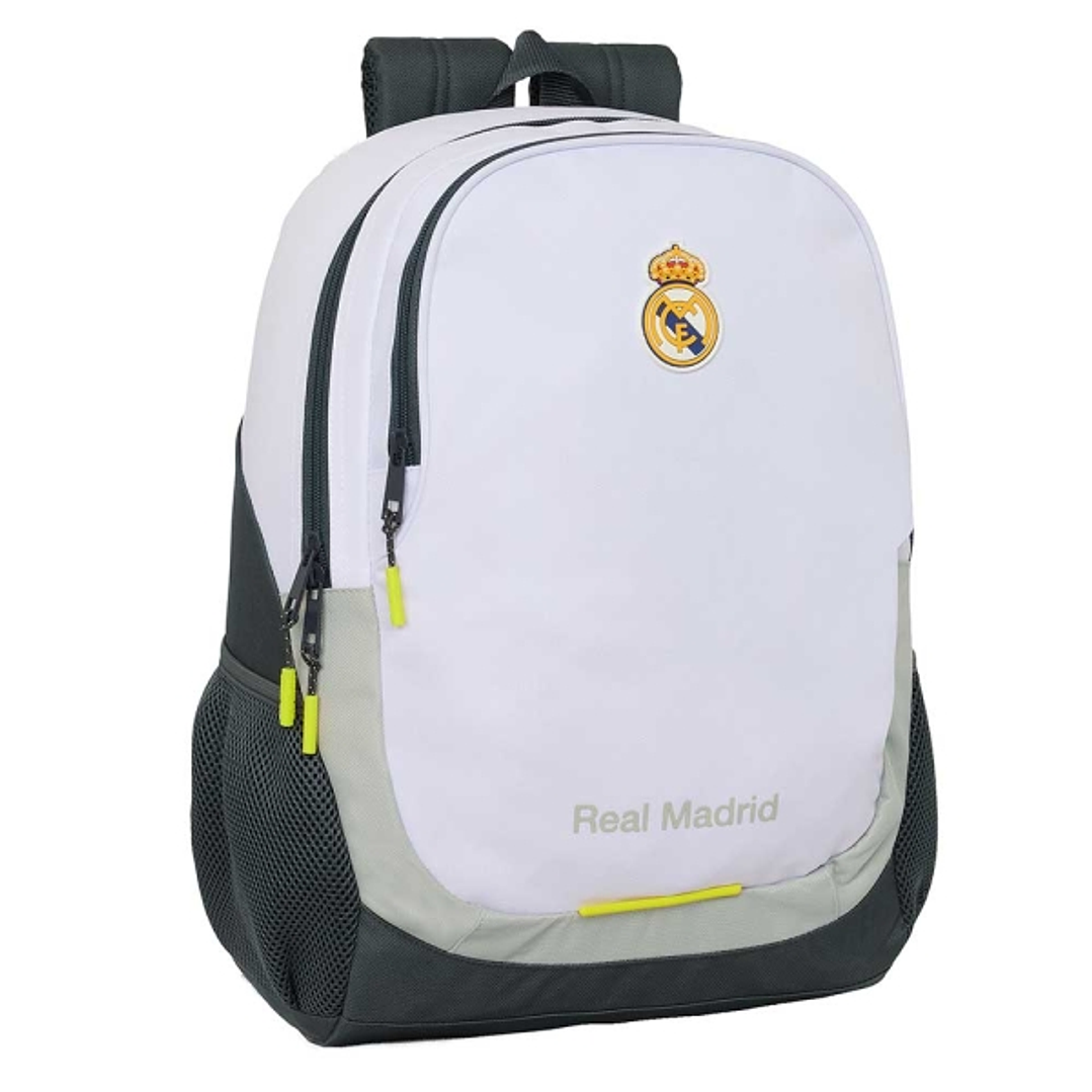 Safta Real Madrid Mochila Escolar de 23L - Adaptable a Carro - 2 Compartimentos - Portabotellas - 32x44x16cm - Color Blanco y Negro 1