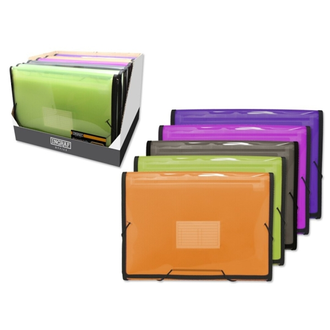 Ingraf Expositor con 10 Carpetas Frame Fuelle 13 Departamentos Tamaño A4 - Polipropileno Translucido - Cierre con Gomas - Colores Surtidos 1