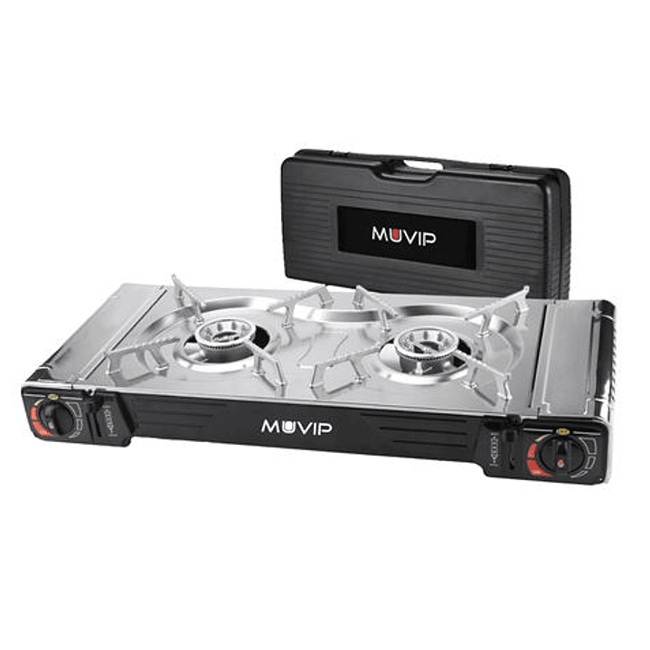 Muvip Cocina de Gas Portatil 2 Fuegos - Doble Bombona - Encendido Automatico - Quemador de Aluminio - Valvula de Doble Sellado - Proteccion Contra Sob 1
