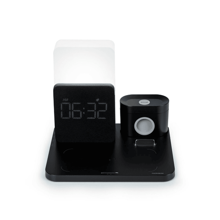 Thomson Reloj Despertador con Estacion de Carga Inalambrica para Smartphone, Smartwatch - Carga USB-C para Auriculares - Pantalla LCD - Luz Nocturna L 1