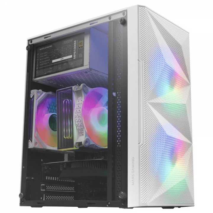 Mars Gaming MC-ME Minitorre - Ventana Cristal Templado - 2 Ventiladores FRGB - Soporte MicroATX/Mini-ITX - Iluminacion RGB Avanzada - Color Blanco 1