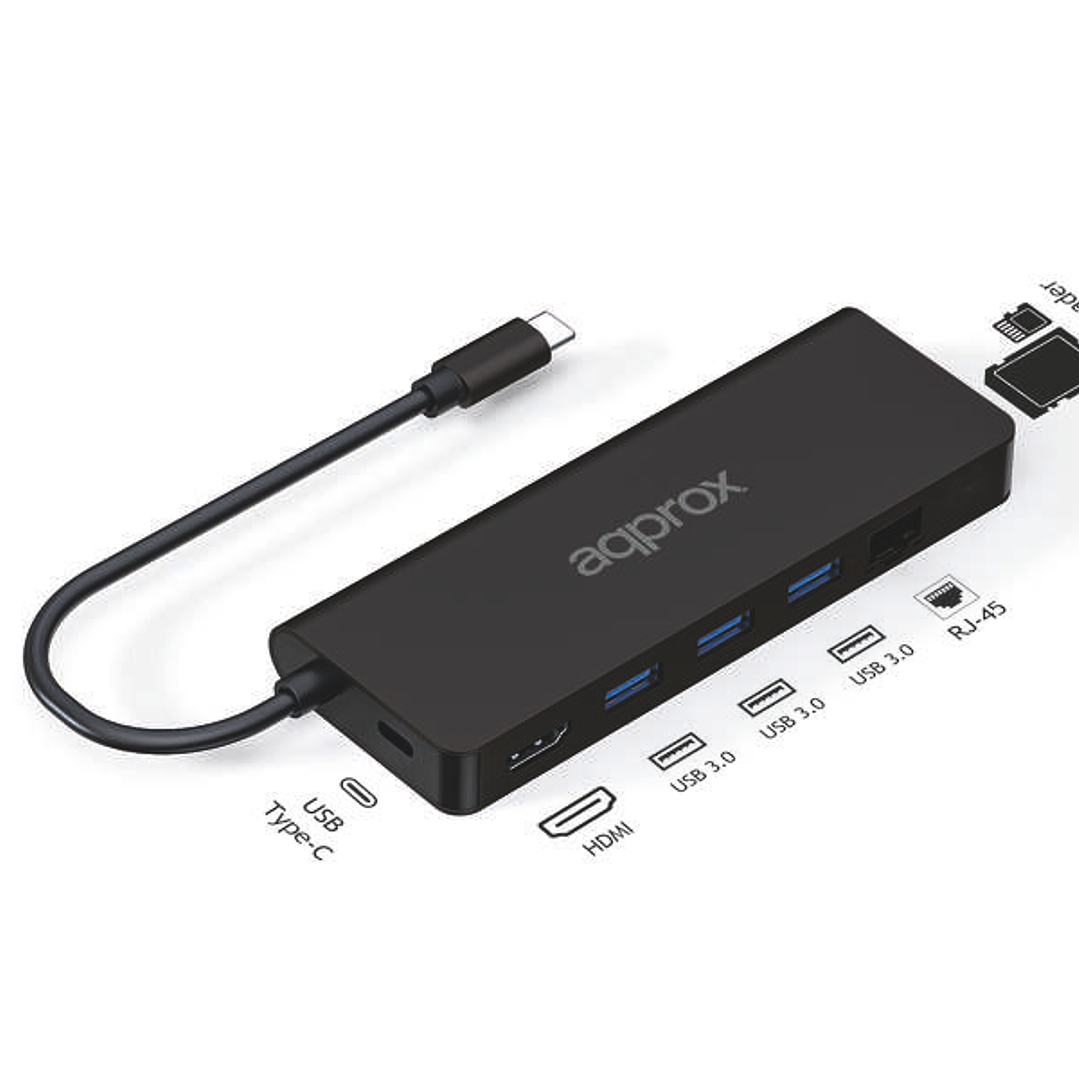 Approx 8 en 1 Hub USB-C con 3x USB-A 3.0 - 1x HDMI - 1x RJ-45 - 1x USB-C PD - Lector microSD y Lector SD - Cable de 18cm 1