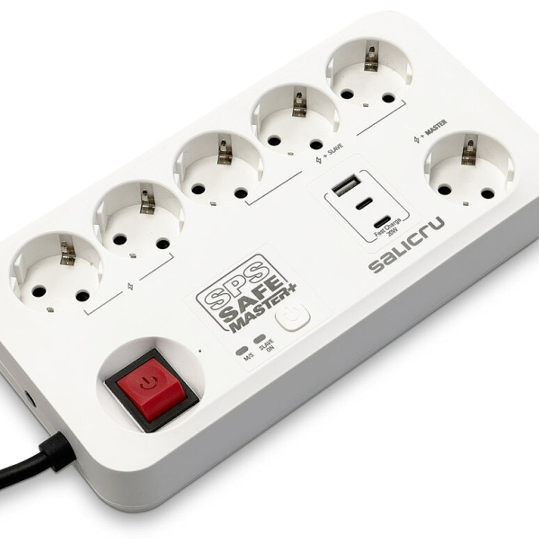 Salicru Regleta SPS SAFE MASTER+ Protectores Electricos Activos de Ultima Generacion - 6 Tomas Schuko - 1xUSB-A, 2xUSB-C - Master/Slave - Color Blanco 1