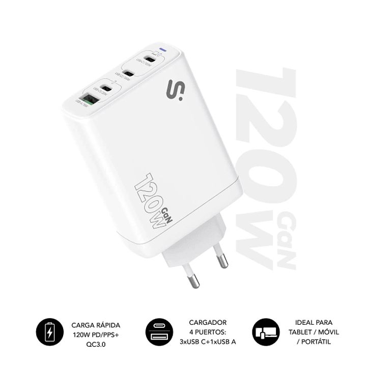 Subblim Cargador de Pared GaN 120W - 4 Puertos (3xUSB-C + 1xUSB-A) -  Carga ultra rápida - Color Blanco 1