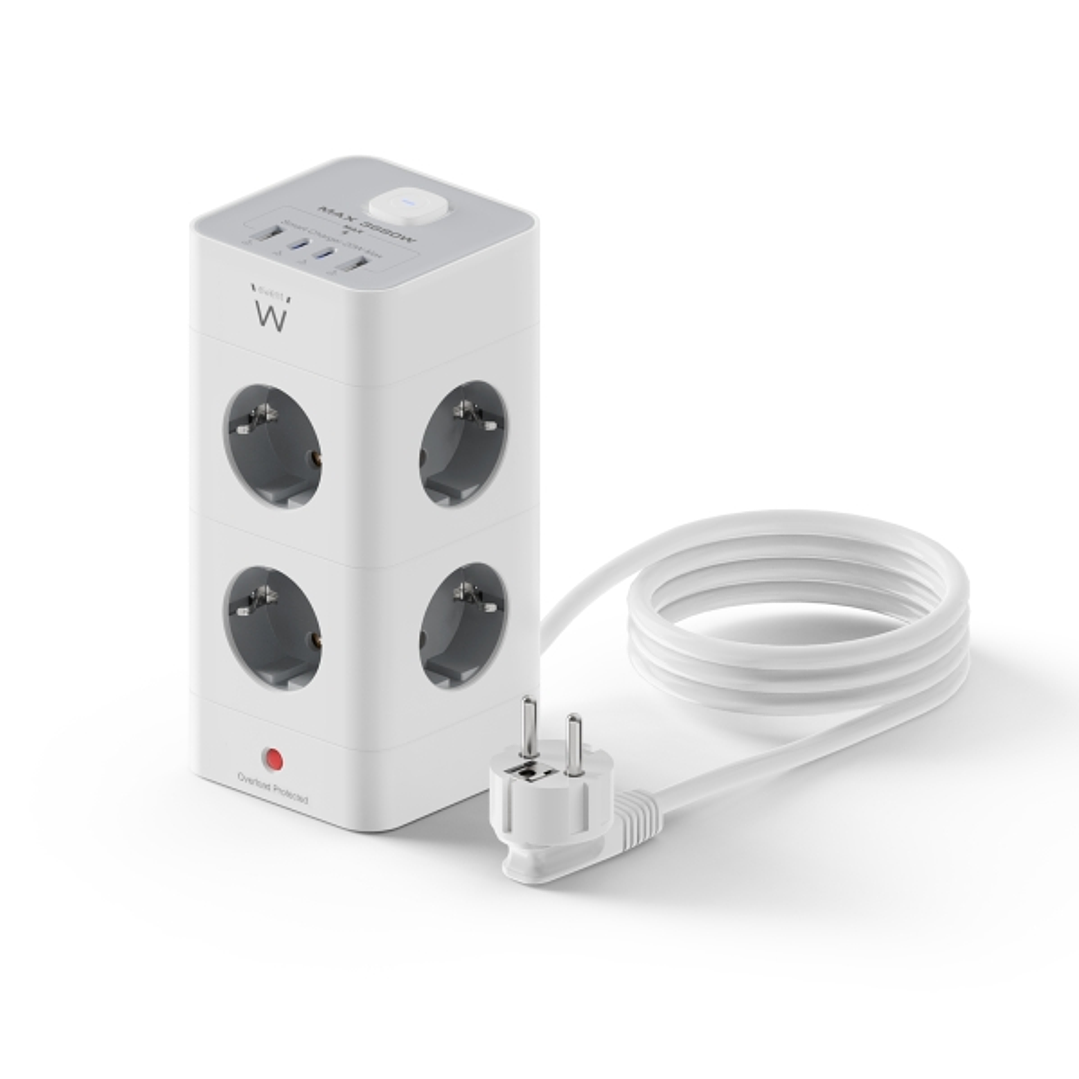 Ewent Regleta con 12 Tomas de Sobremesa - 8x Schuko 16A - 2x USB-A - 2x USB-C - Interruptor On/Off - Proteccion Infantil - Forma de Torre - Cable de 2 1
