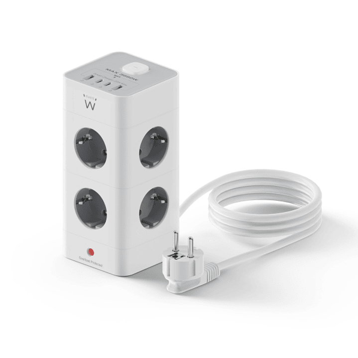 Ewent Regleta con 12 Tomas de Sobremesa - 8x Schuko 16A - 2x USB-A - 2x USB-C - Interruptor On/Off - Proteccion Infantil - Forma de Torre - Cable de 2 1