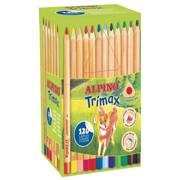 Alpino Trimax Economy Pack de 120 Lapices de Colores Triangulares Gruesos + 2 Sacapuntas - Mina de 5.4mm - Resistente al Agua - Bandeja Extraible - Co 1