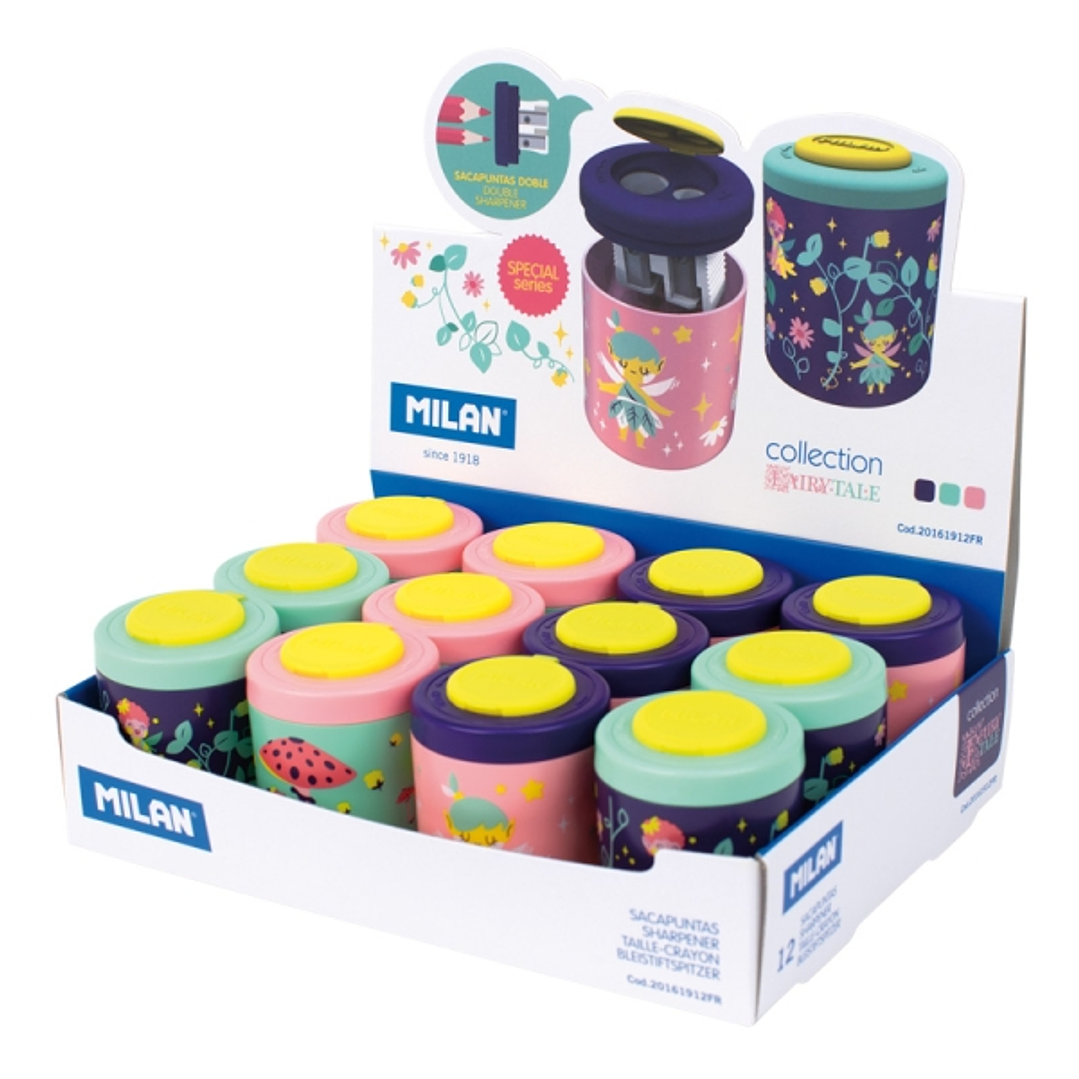 Milan Fairy Tale Expositor con 12 Sacapuntas Doble - Regular y Maxi - Deposito Integrado - Cuchilla de Acero de Seguridad - Colores Surtidos 1