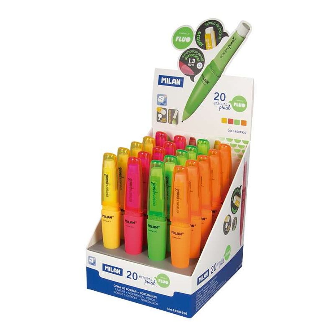 Milan Capsule Fluo Expositor de 20 Portaminas - Mina 1.3mm 2B Grafito - Goma Milan Extra Grande - Colores Surtidos 1