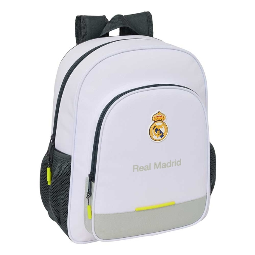 Safta Real Madrid Mochila Infantil de 15L - Adaptable a Carro - 2 Compartimentos - Portabotellas - 32x38x12cm - Color Blanco y Negro 1