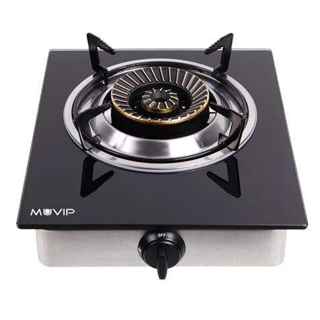 Muvip Cocina de Gas Inox 1 Fuego - Cristal Templado - Encendido Piezoelectrico - Quemador de Hierro Fundido Desmontable 1