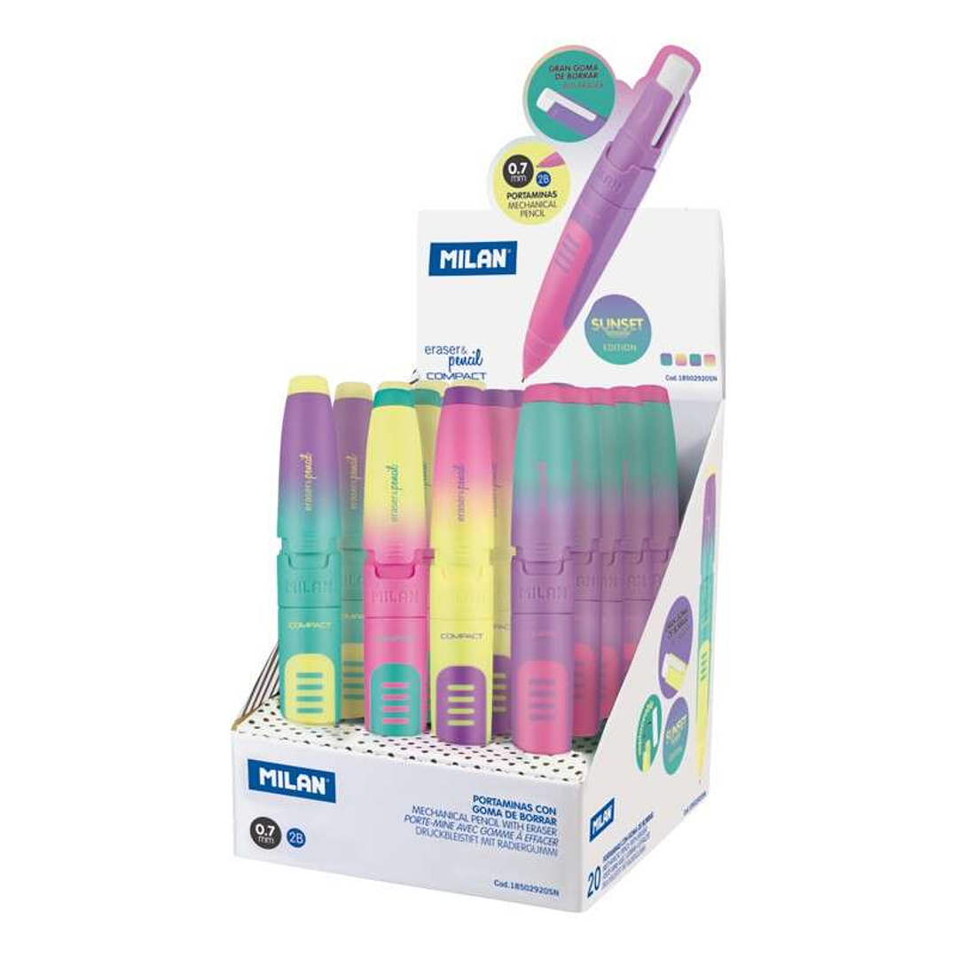 Milan Compact Sunset Expositor de 20 Portaminas - Mina 0.7mm 2B Grafito - Goma Milan Extra Grande - Colores Surtidos 1