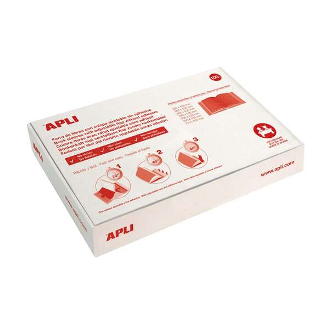 Apli Caja de 100 Forros para Libros 300mm PVC 130 micras - Solapa Autoajustable - Facil Forrado en 3 Pasos - Transparente 1