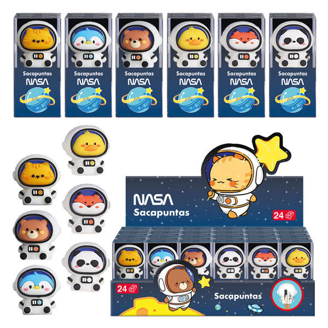 Dohe Expositor de 24 Sacapuntas - 1 Orificio y Cuchilla de Acero - Con Forma de Astronautas-Animales 1