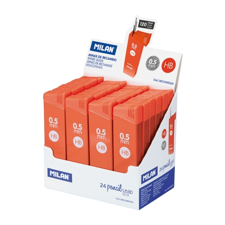 Milan Expositor con 24 Cajas de 120 Minas 0.5mm - Dureza HB - Color Naranja 1