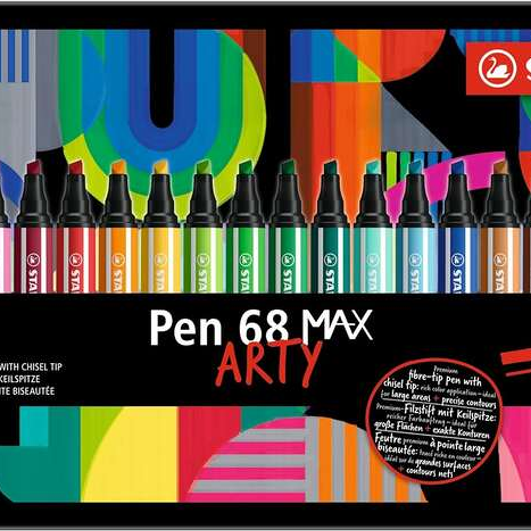 Stabilo Pen 68 MAX Arty Caja Metalica de 20 Rotuladores - Punta de Fibra Biselada - Trazo entre 1-5mm aprox. - Tinta a Base de Agua - Colores Surtidos 1