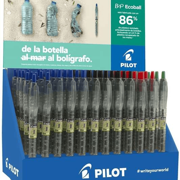 Pilot Expositor 60 Boligrafos de Bola Retractiles B2P Ecoball BeGreen + 10 B2P Gel BeGreen - 86,64% de Plastico Reciclado - Recargable - Colores surti 1